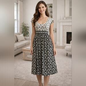 MSSP Black& Cream Floral Silky Stretch Dress sz M #1031